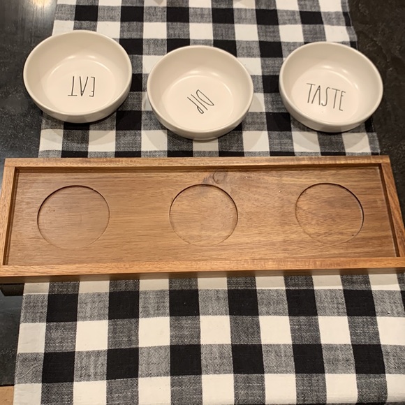 Rae Dunn "Taste, Eat, Dip" Ceramic Wood Serving Bowls Dish Tray Set - Picture 10 of 10